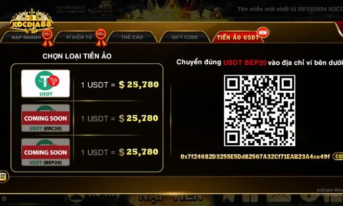 Nạp tiền Xocdia88 bằng tiền ảo